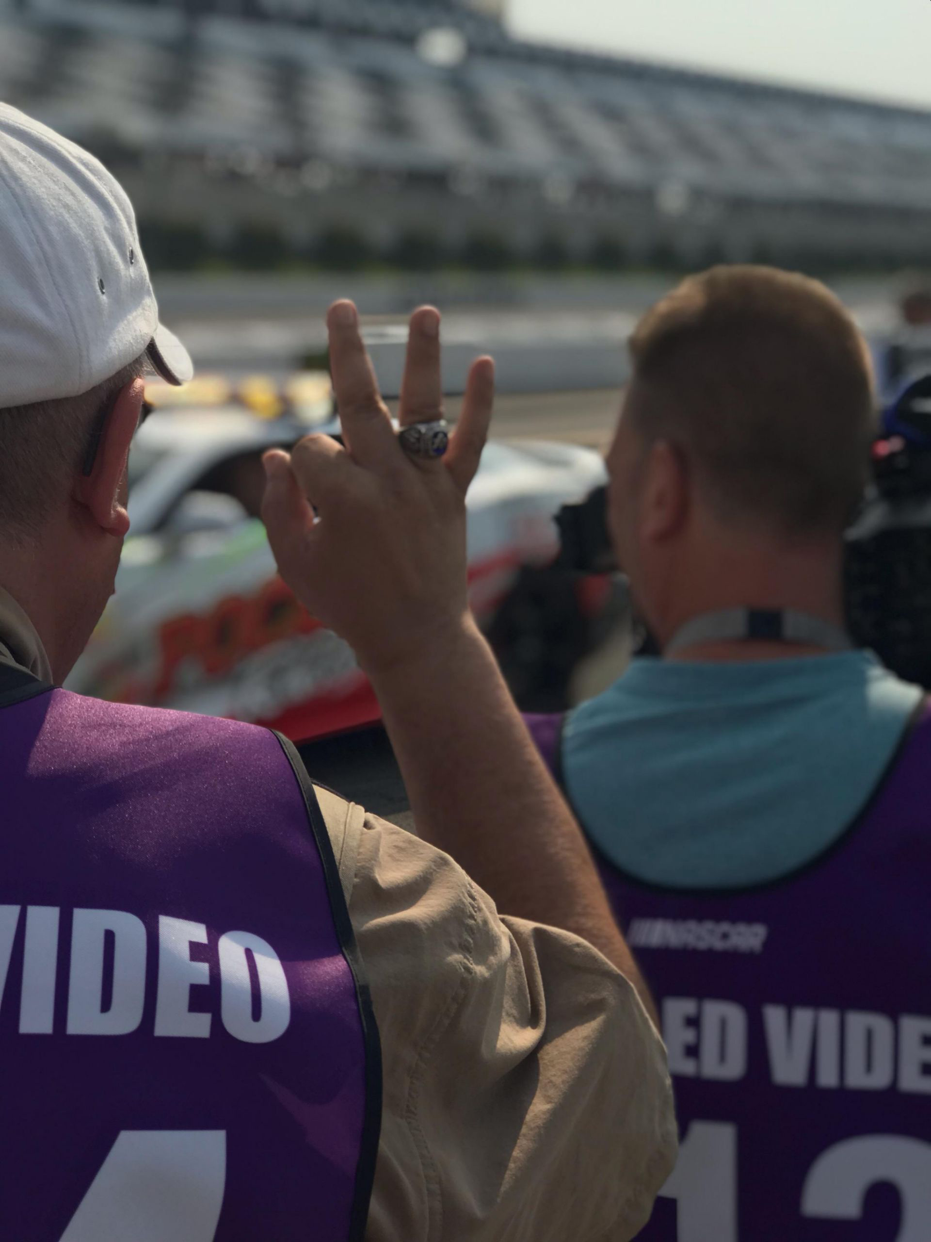 Photo of Kevin and John shooting a commercial spot a Pocono Raceway